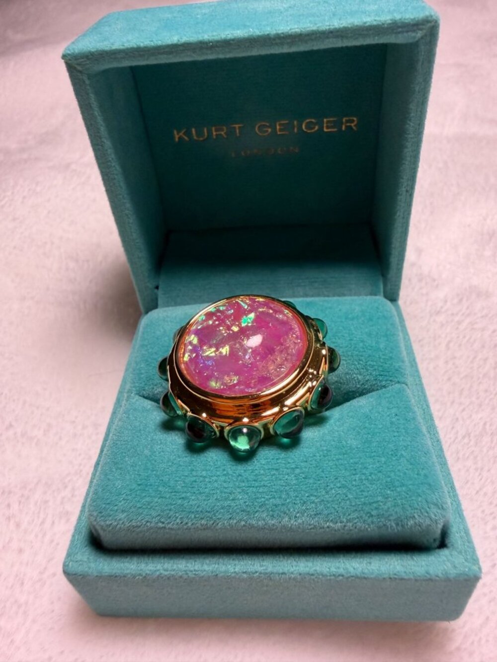 Kurt Geiger Pink & Green Statement Gold-Tone Ring Sz 9 NWT With Box